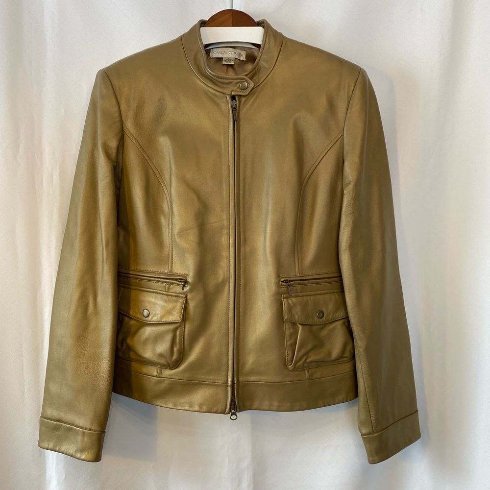 Women's 100% Genuine Leather Metallic Gold Bomber Moto Jacket Vintage Size LG